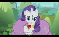 Size: 640x400 | Tagged: safe, derpibooru import, screencap, rarity, secret of my excess, hub logo, spikezilla, swedish, youtube caption