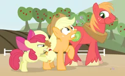 Size: 1200x736 | Tagged: safe, artist:dm29, derpibooru import, apple bloom, applejack, big macintosh, earth pony, pony, apple, candy apple (food), caramel apple (food), family, food, funny, male, stallion, stuck, trio