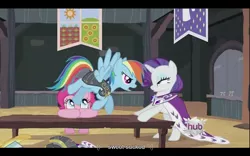 Size: 640x400 | Tagged: chancellor puddinghead, commander hurricane, derpibooru import, hearth's warming eve, hearth's warming eve (episode), hub logo, pinkie pie, princess platinum, rainbow dash, rarity, safe, screencap, youtube caption