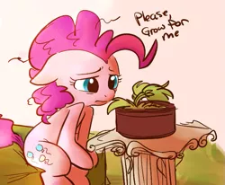 Size: 671x553 | Tagged: artist needed, audrey 2, derpibooru import, dialogue, little shop of horrors, movie reference, musical reference, pinkie pie, plant, potted plant, sad, safe, seymour krelborn, sitting, song reference, source needed, table