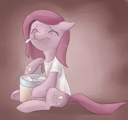 Size: 704x662 | Tagged: safe, artist:lightning-stars, derpibooru import, pinkie pie, earth pony, pony, bandaid, clothes, comfort eating, crying, eyes closed, ice cream, left out, pinkamena diane pie, sad, shirt, sitting, solo, spoon, t-shirt