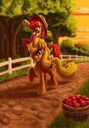 Size: 600x861 | Tagged: accessory swap, adorabloom, apple, apple bloom, applejack, artist:tsitra360, cute, derpibooru import, ponies riding ponies, safe, sisters, sunset, sweet apple acres, tree