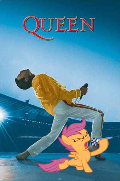 Size: 472x708 | Tagged: safe, derpibooru import, scootaloo, human, pony, freddie mercury, irl, photo, ponies in real life, queen (band), vector