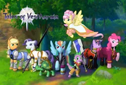 Size: 1038x700 | Tagged: applejack, artist:av-marten, artist:syggie, derpibooru import, fluttershy, pinkie pie, rainbow dash, rarity, safe, spike, sword, tales of series, tales of vesperia, tank, twilight sparkle