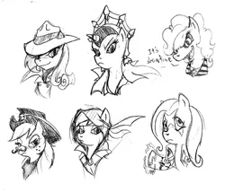 Size: 800x686 | Tagged: applejack, artist:elosande, beetlejuice, carmen sandiego, clothes, cosplay, costume, derpibooru import, evil-lyn, fluttershy, he-man, he-man and the masters of the universe, monochrome, pinkie pie, rainbow dash, rarity, safe, source needed, twilight sparkle