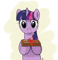 Size: 1549x1614 | Tagged: safe, artist:xn-d, derpibooru import, twilight sparkle, pony, unicorn, book, female, gift giving, looking at you, mare, smiling, solo, unicorn twilight