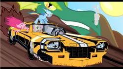 Size: 701x398 | Tagged: artist:tiarawhy, car, derpibooru import, dragon, fluttershy, green dragon, pinkie pie, racing, rainbow dash, redline, reginald, safe, transam