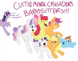 Size: 1765x1399 | Tagged: safe, artist:cartoonlion, derpibooru import, apple bloom, applejack, rainbow dash, rarity, scootaloo, sweetie belle, twilight sparkle, earth pony, pegasus, pony, unicorn, age regression, crying, cutie mark crusaders, female, filly, filly applejack, filly rainbow dash, filly rarity, running away, simple background, unicorn twilight, white background, younger