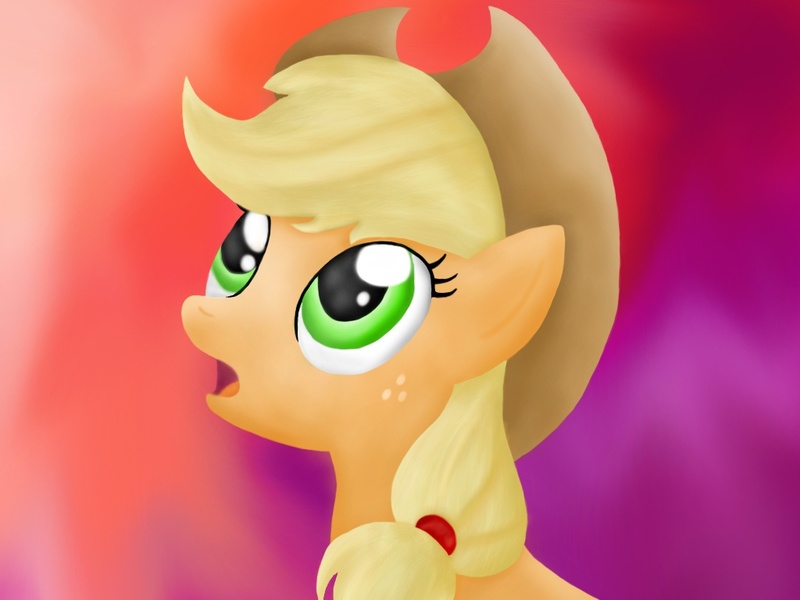 Size: 1024x768 | Tagged: safe, artist:bronytoss, derpibooru import, applejack, earth pony, pony, bust, female, gradient background, looking up, mare, open mouth, portrait, solo, three quarter view
