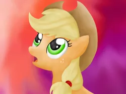 Size: 1024x768 | Tagged: safe, artist:bronytoss, derpibooru import, applejack, earth pony, pony, bust, female, gradient background, looking up, mare, open mouth, portrait, solo, three quarter view