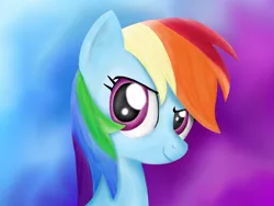Size: 1024x768 | Tagged: safe, artist:bronytoss, derpibooru import, rainbow dash, pony, bust, female, gradient background, looking at you, mare, portrait, smiling, solo, three quarter view