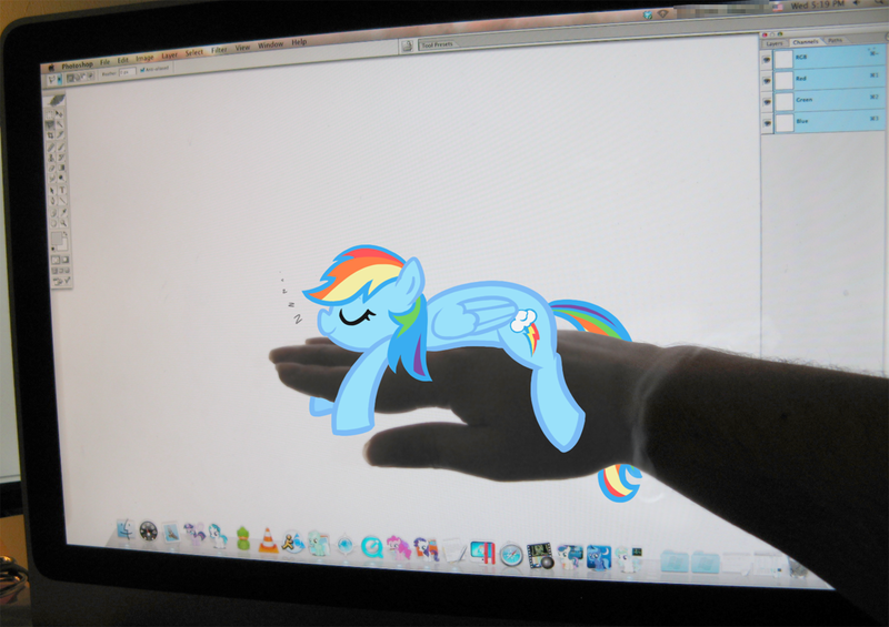 Size: 1166x823 | Tagged: artist:egophiliac, computer, derpibooru import, fourth wall, hand, human, irl, irl human, mac os x, photo, ponies in real life, rainbow dash, safe, sleeping, zzz