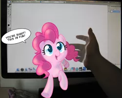 Size: 1078x872 | Tagged: artist:egophiliac, breaking the fourth wall, computer, derpibooru import, dialogue, fourth wall, fourth wall destruction, hand, human, irl, irl human, mac os x, photo, pinkie pie, ponies in real life, safe, speech bubble, toy, twilight sparkle