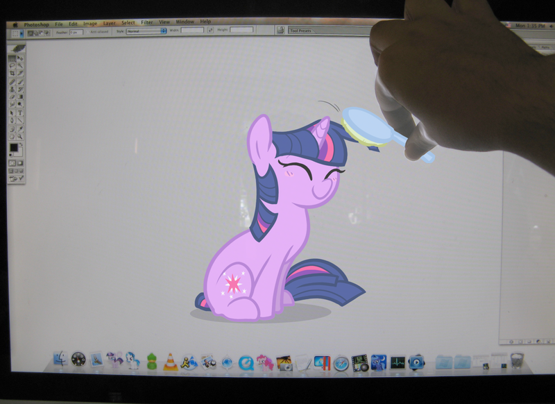 Size: 1582x1151 | Tagged: artist:egophiliac, brush, brushing, computer, derpibooru import, eyes closed, fourth wall, hand, human, irl, irl human, mac os x, photo, ponies in real life, safe, twilight sparkle