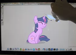 Size: 1582x1151 | Tagged: artist:egophiliac, brush, brushing, computer, derpibooru import, eyes closed, fourth wall, hand, human, irl, irl human, mac os x, photo, ponies in real life, safe, twilight sparkle