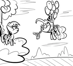 Size: 880x800 | Tagged: artist:tess, balloon, cloud, dead source, derpibooru import, flying, monochrome, party horn, pinkie pie, rainbow dash, safe, then watch her balloons lift her up to the sky