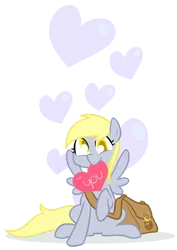 Size: 1000x1413 | Tagged: safe, artist:egophiliac, derpibooru import, derpy hooves, pegasus, pony, bag, female, heart, mare, mouth hold, solo, valentine