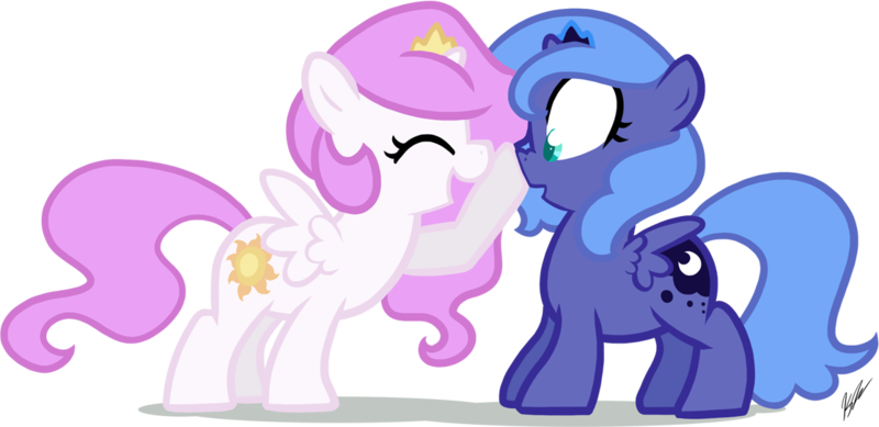 Size: 1120x545 | Tagged: safe, artist:egophiliac, derpibooru import, princess celestia, princess luna, alicorn, pony, :o, boop, cewestia, cute, cutelestia, duo, eyes closed, female, filly, filly celestia, filly luna, foal, honk, nose wrinkle, open mouth, pink-mane celestia, royal sisters, sisters, smiling, wide eyes, woona, younger