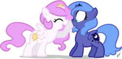 Size: 1120x545 | Tagged: safe, artist:egophiliac, derpibooru import, princess celestia, princess luna, alicorn, pony, :o, boop, cewestia, cute, cutelestia, duo, eyes closed, female, filly, filly celestia, filly luna, foal, honk, nose wrinkle, open mouth, pink-mane celestia, royal sisters, sisters, smiling, wide eyes, woona, younger