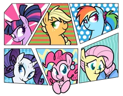 Size: 1055x821 | Tagged: alternate hairstyle, applejack, artist:egophiliac, braid, bust, dead source, derpibooru import, fluttershy, mane six, out of frame, pigtails, pinkie pie, ponytail, portrait, rainbow dash, rarity, safe, twilight sparkle