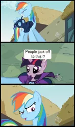 Size: 800x1356 | Tagged: suggestive, derpibooru import, rainbow dash, twilight sparkle, clopping meme, exploitable meme, frown, implied masturbation, mask, meme, mouth hold, open mouth, raised eyebrow, unmasked, wide eyes