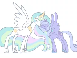 Size: 640x480 | Tagged: safe, artist:egophiliac, derpibooru import, princess celestia, princess luna, alicorn, pony, duo, ethereal mane, eyes closed, female, mare, nuzzling, royal sisters, s1 luna, siblings, simple background, sisterly love, sisters, spread wings, white background, wings