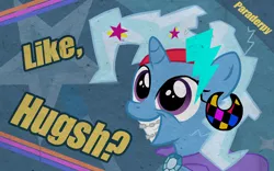 Size: 1600x1000 | Tagged: safe, artist:slitherpon, derpibooru import, trixie, pony, unicorn, 80s, braces, female, hug, mare, solo