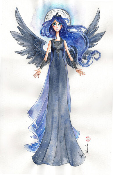 Size: 900x1387 | Tagged: artist:ladyamaltea, derpibooru import, humanized, princess luna, safe, solo, traditional art, winged humanization