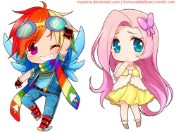 Size: 600x450 | Tagged: dead source, safe, artist:moorina, derpibooru import, fluttershy, rainbow dash, chibi, clothes, colored pupils, cute, dashabetes, dress, duo, fingerless gloves, gloves, goggles, humanized, scarf, shyabetes, torn clothes, winged shoes