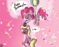 Size: 1250x1000 | Tagged: artist:terra-aquis, balloon, birthday, derpibooru import, hat, lily, lily valley, party hat, pinkie pie, safe, then watch her balloons lift her up to the sky