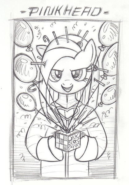 Size: 536x770 | Tagged: artist:romus z, derpibooru import, hellraiser, lament configuration, lemarchand's box, monochrome, parody, pinhead, pinkamena diane pie, pinkie pie, safe, solo