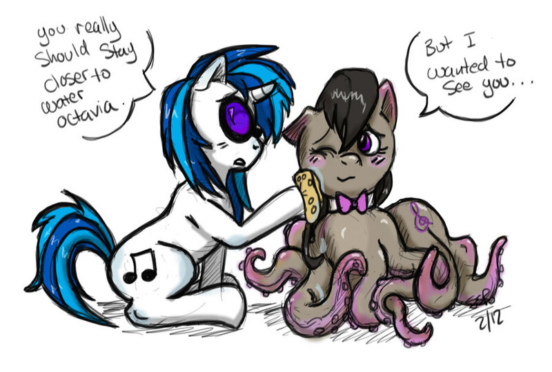 Size: 900x606 | Tagged: artist:gloryblaz, bowtie, derpibooru import, dialogue, duo, female, monster pony, octavia melody, octaviapus, octopony, octopus, original species, safe, species swap, vinyl scratch