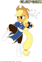 Size: 1149x1713 | Tagged: applejack, artist:x-cross, chun li, clop, clothes, derpibooru import, pantyhose, parody, safe, simple background, solo, source needed, street fighter