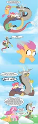 Size: 700x2256 | Tagged: apple bloom, artist:peachiekeenie, comic, cutie mark crusaders, derpibooru import, discord, marshmallow, ruby pinch, safe, scared, scootabuse, scootaloo, scootaloo can't fly, sweetie belle