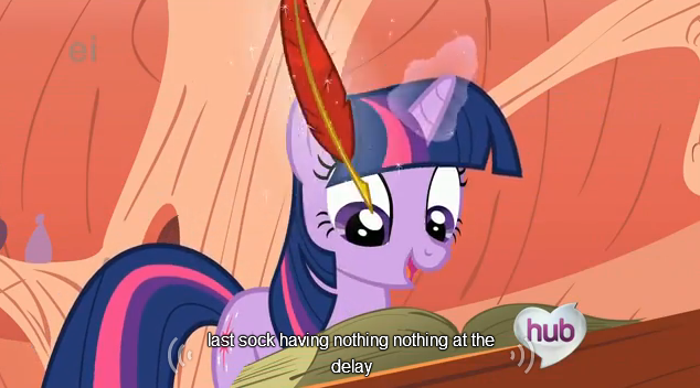 Size: 634x352 | Tagged: derpibooru import, ei, hub logo, look before you sleep, safe, screencap, twilight sparkle, youtube caption