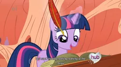 Size: 634x352 | Tagged: derpibooru import, ei, hub logo, look before you sleep, safe, screencap, twilight sparkle, youtube caption