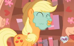 Size: 574x358 | Tagged: applejack, caption, death, derpibooru import, edit, edited screencap, ei, eyes closed, hub logo, look before you sleep, safe, screencap, solo, youtube caption