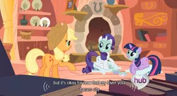 Size: 632x344 | Tagged: applejack, derpibooru import, ei, hub logo, look before you sleep, rarity, safe, screencap, twilight sparkle, youtube caption