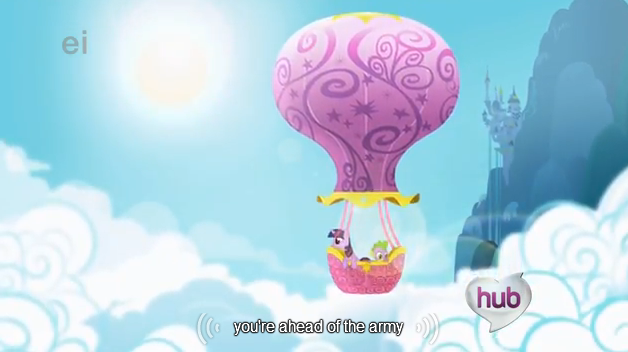 Size: 628x352 | Tagged: army, derpibooru import, hot air balloon, opening, safe, screencap, spike, twilight sparkle, twinkling balloon, youtube caption