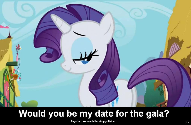 Size: 1024x672 | Tagged: safe, derpibooru import, rarity, pony, unicorn, bedroom eyes, bronybait, caption, cs captions, female, gala invitation, grand galloping gala, looking at you, looking back, mare, ponyville, solo