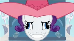 Size: 636x358 | Tagged: derpibooru import, durl, edit, edited screencap, hat, hub logo, mirrored, rarity, safe, screencap, sweet and elite, the hub, unitinu