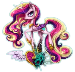 Size: 848x822 | Tagged: safe, artist:cizu, derpibooru import, princess cadance, queen chrysalis, alicorn, pony, changeling slime, disguise, disguised changeling, fake cadance, female, heart, image, looking at you, mare, png, profile, raised hoof, signature, simple background, slit eyes, smiling, solo, transparent background