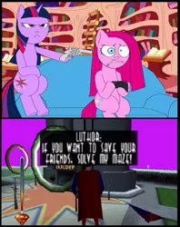 Size: 439x553 | Tagged: derpibooru import, exploitable meme, gun meme, meme, pinkamena diane pie, pinkie pie, safe, superman 64, twilight sparkle