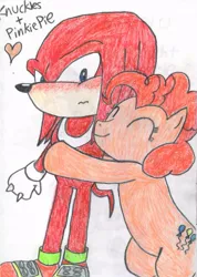 Size: 621x873 | Tagged: artist:weaselbear, crossover, crossover shipping, dead source, derpibooru import, female, interspecies, knuckles the echidna, love, male, pinkieknux, pinkie pie, safe, shipping, sonic the hedgehog (series), straight