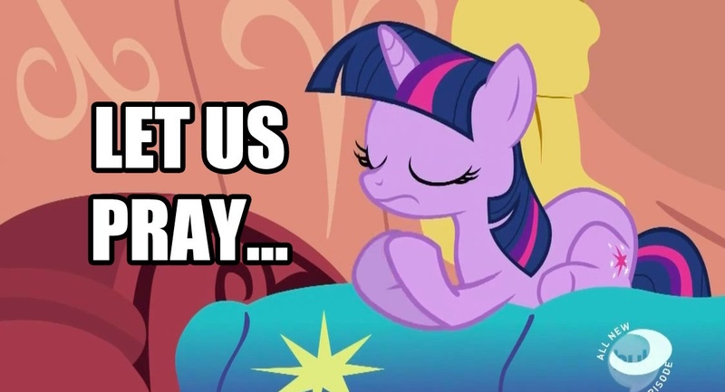 Size: 1125x609 | Tagged: safe, derpibooru import, edit, edited screencap, screencap, twilight sparkle, pony, unicorn, bed, caption, eyes closed, female, golden oaks library, image macro, mare, prayer, religion, solo, unicorn twilight