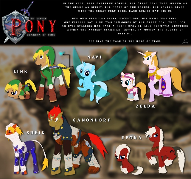 Size: 1922x1799 | Tagged: safe, artist:ryuukiba, derpibooru import, ponified, earth pony, pony, crossover, epona, female, ganondorf, link, mare, navi, sheik, the legend of zelda, the legend of zelda: ocarina of time