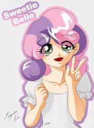 Size: 2550x3480 | Tagged: artist:shinta-girl, clothes, derpibooru import, female, high res, human, humanized, peace sign, safe, solo, sweetie belle