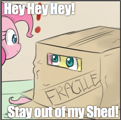 Size: 409x406 | Tagged: artist:speccysy, box, cardboard box, cute, derpibooru import, exclamation point, eye contact, fluttershy, konami, metal gear, .mov, pinkie pie, pony.mov, safe, shed.mov, stay out of my shed, wide eyes