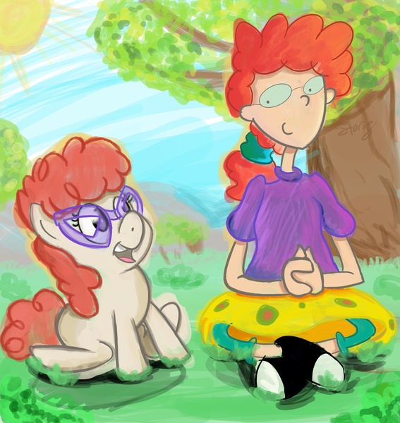 Size: 5100x5400 | Tagged: absurd resolution, artist:skatoonist, crossover, derpibooru import, glasses, pepper ann, safe, sitting, sun, tree, twist