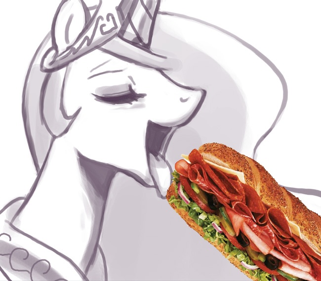 Size: 650x570 | Tagged: suggestive, artist:johnjoseco, derpibooru import, edit, princess celestia, princess molestia, food, not porn, sandwich, sandwich censorship, tongue out